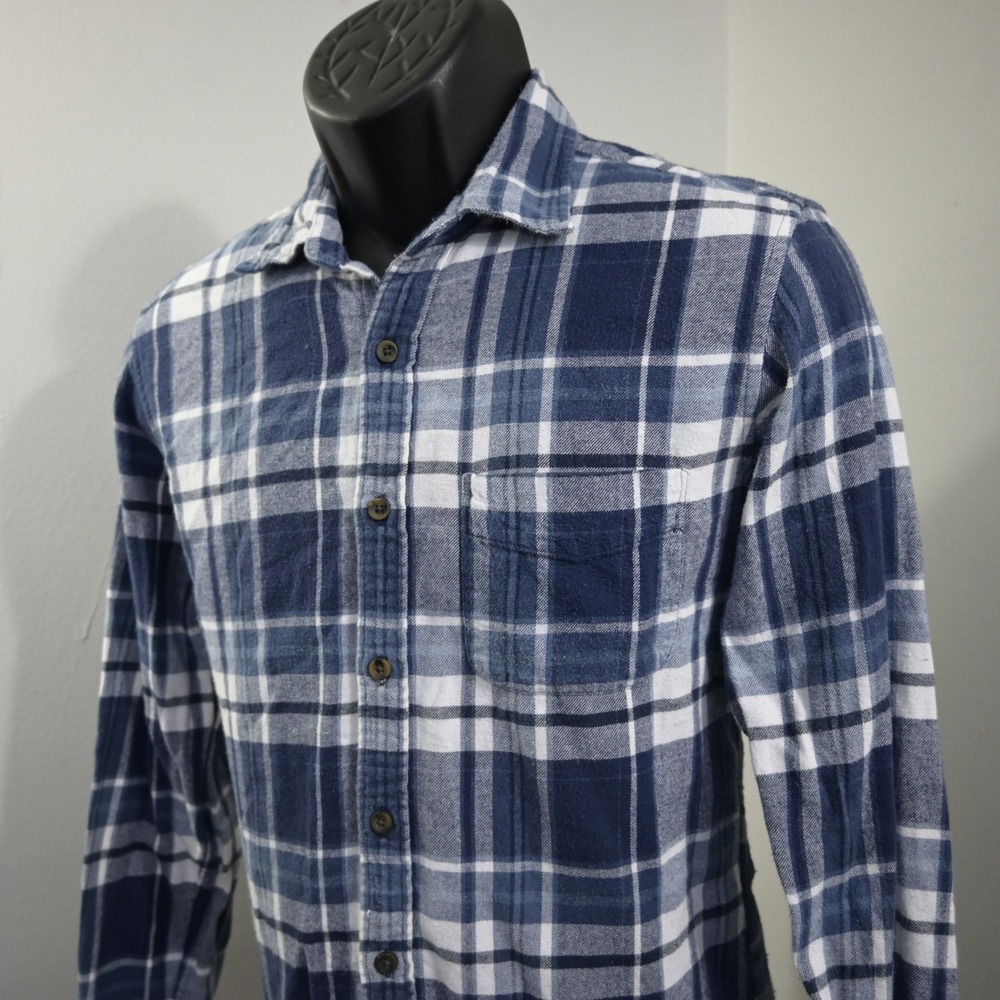 J.Crew Flannel Button Up Mens S Slim Blue Gray White Plaid Pocket Long Sleeve